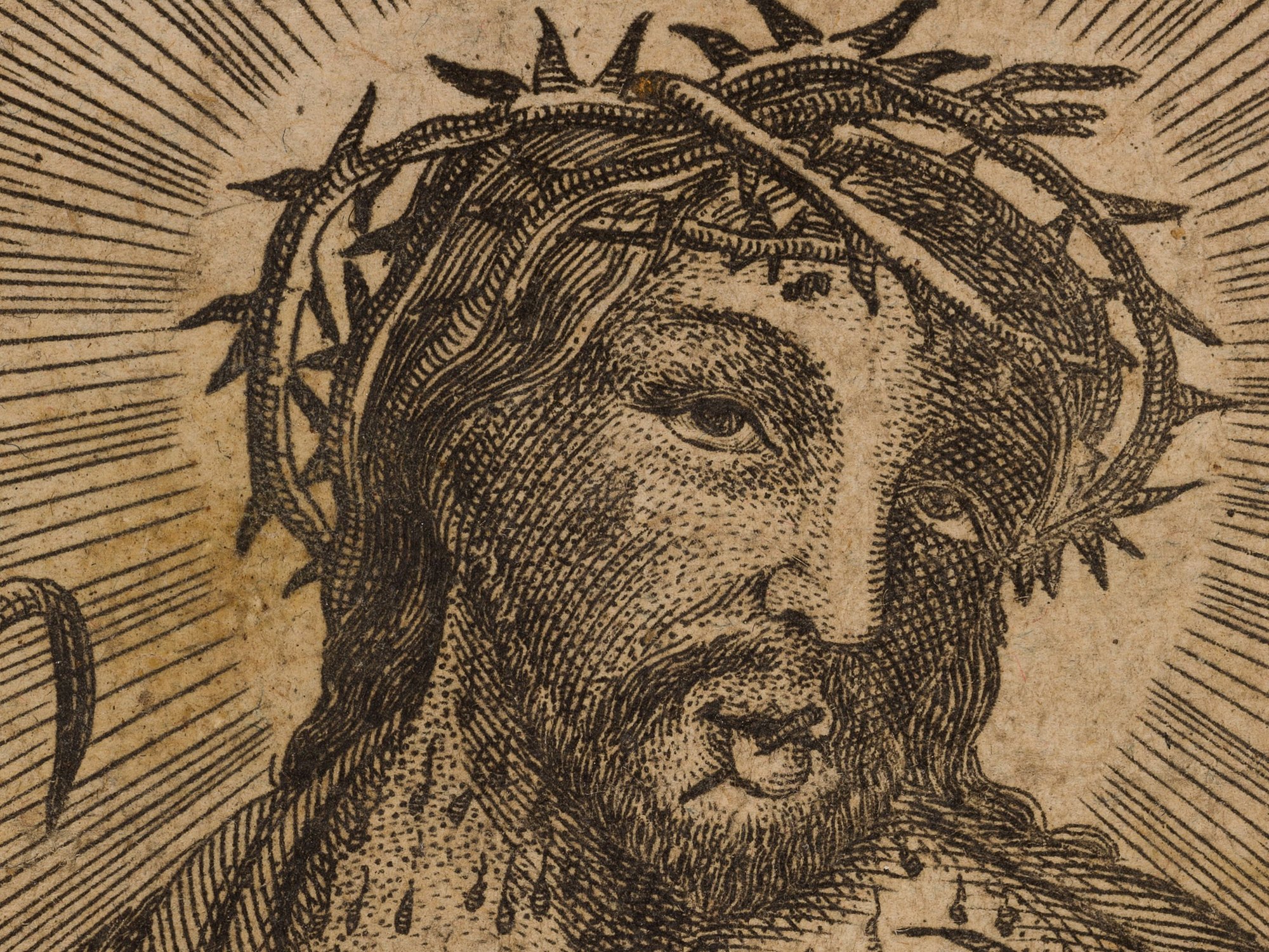 Schwarz-weiße Druckgrafik von Jesus Christus mit Dornenkrone vor strahlenförmigem Hintergrund.