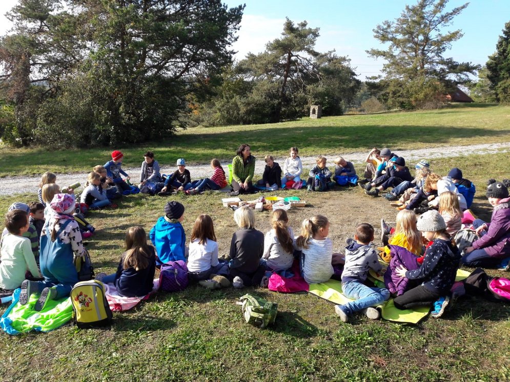 Kinder sitzen in der Wiese und bilden einen Kreis