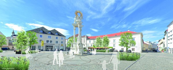 Visualierung der Umgestaltung des Dreifaltigkeitsplatzes mit mehr Bäumen und Sträuchern