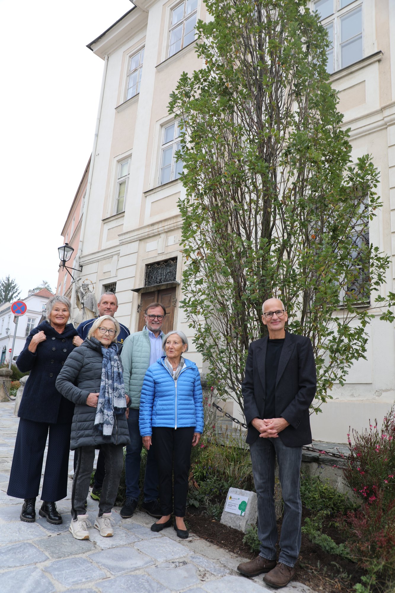 20.10.2023, Patinnen Martha Rauchberger, Hilde Rambausek & Gisela Hammerer am Hohen Markt, Baumart Säulen-Eiche 